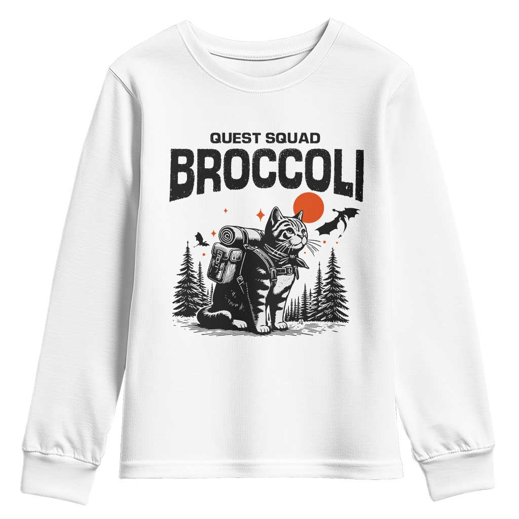 Quest Squad Broccoli Cat Youth Sweatshirt Funny Hiking Adventure Cute Camping Feline TS02 White Print Your Wear