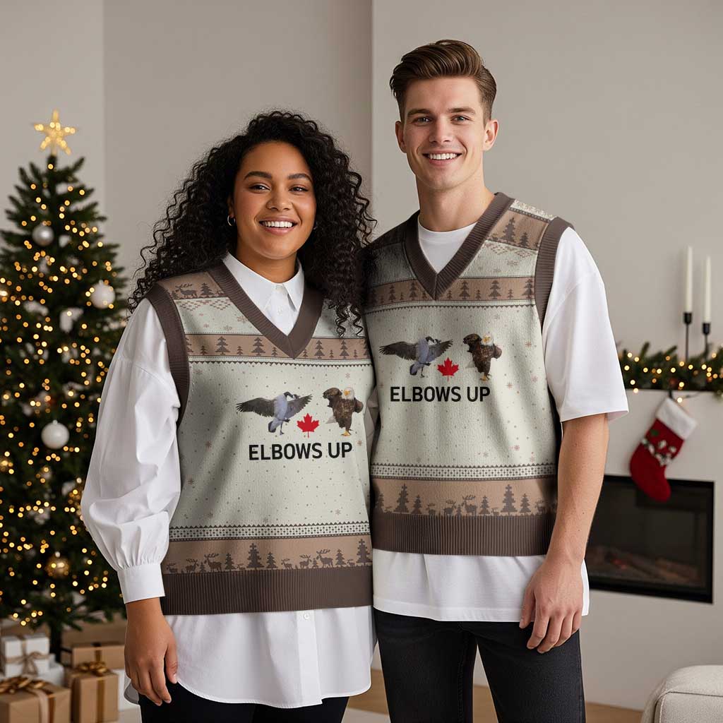 Elbows Up V-Neck Knit Sweater Vest Canada Goose Vs Eagle Maple Leaf TS02 Mocha Mousse Print Your Wear