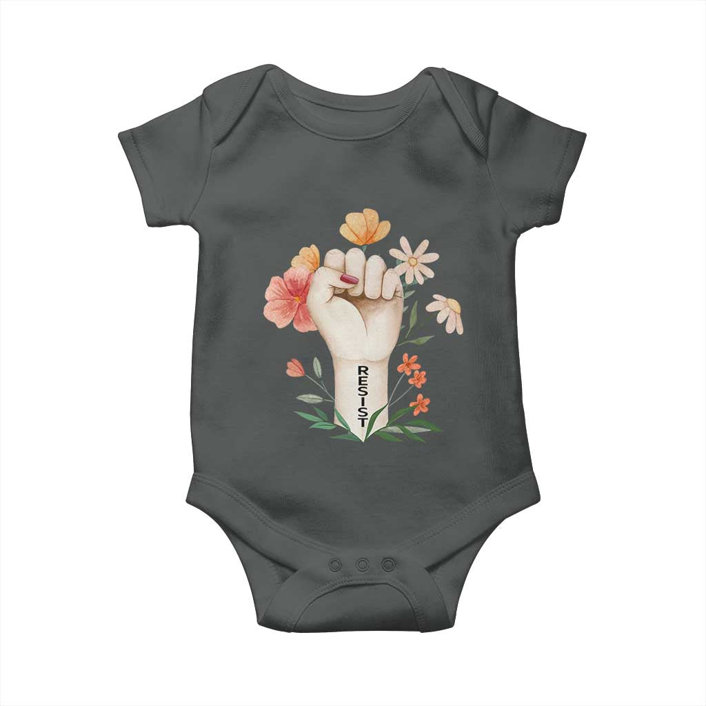 Empowered Women Baby Onesie Resist Raised Fist Retro Boho TS02 Dark Heather Print Your Wear