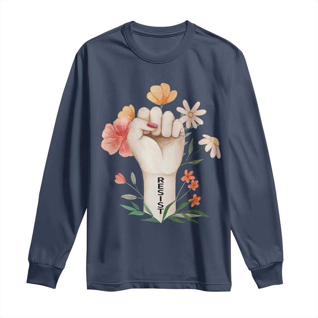 Empowered Women Long Sleeve Shirt Resist Raised Fist Retro Boho TS02 Navy Print Your Wear