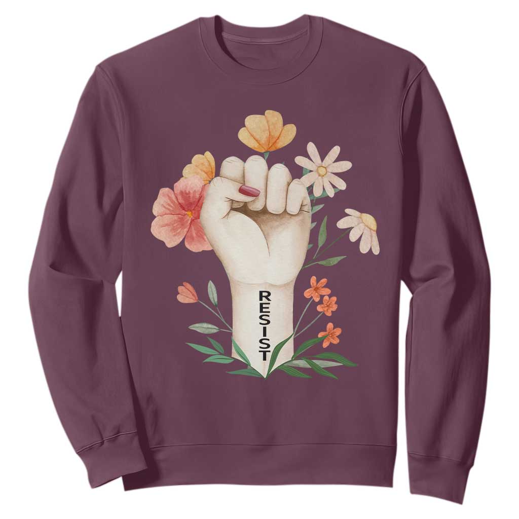 Empowered Women Sweatshirt Resist Raised Fist Retro Boho TS02 Maroon Print Your Wear