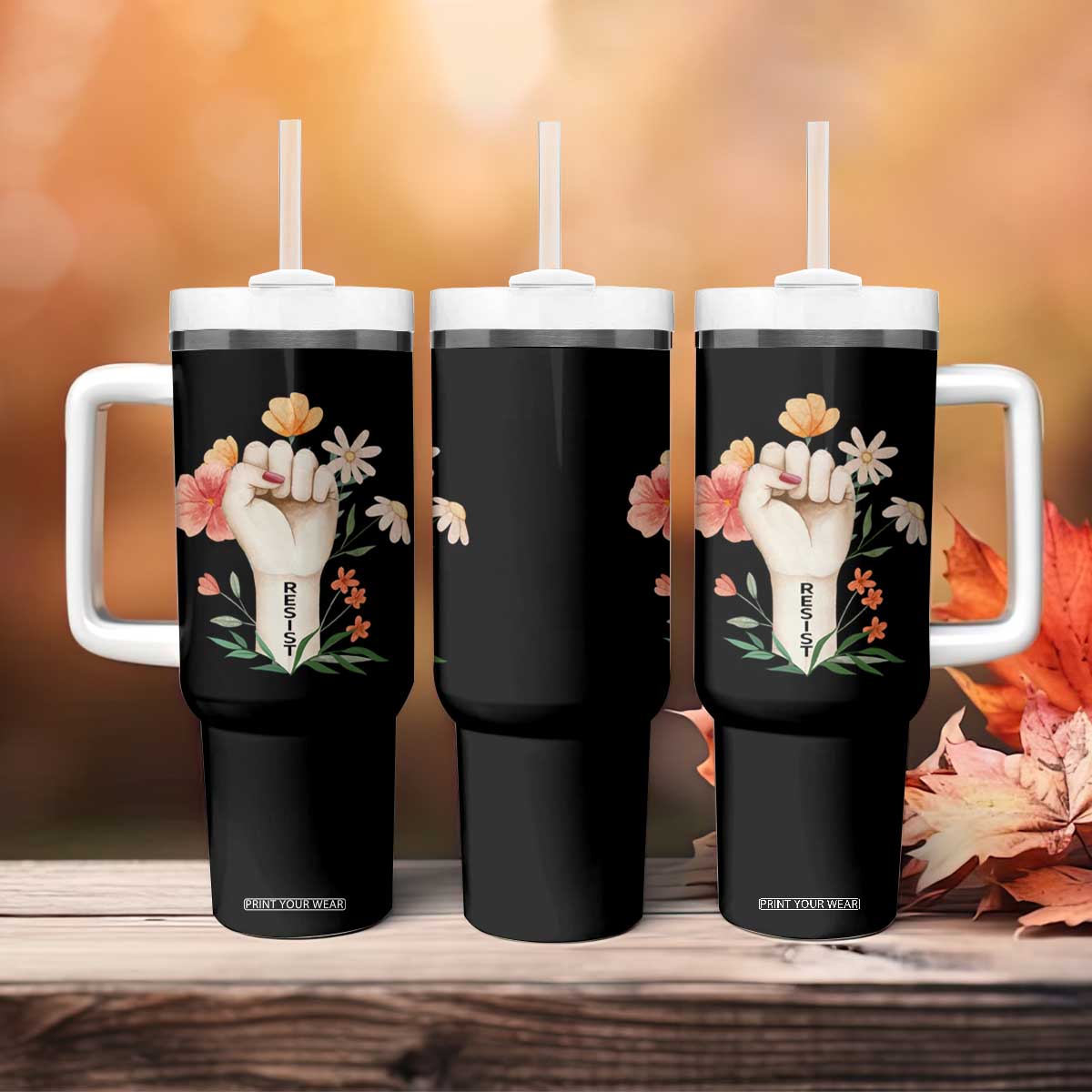 Empowered Women Tumbler With Handle Resist Raised Fist Retro Boho TS02 Print Your Wear