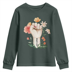 Empowered Women Youth Sweatshirt Resist Raised Fist Retro Boho TS02 Dark Forest Green Print Your Wear