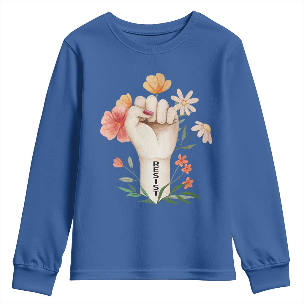 Empowered Women Youth Sweatshirt Resist Raised Fist Retro Boho TS02 Royal Blue Print Your Wear