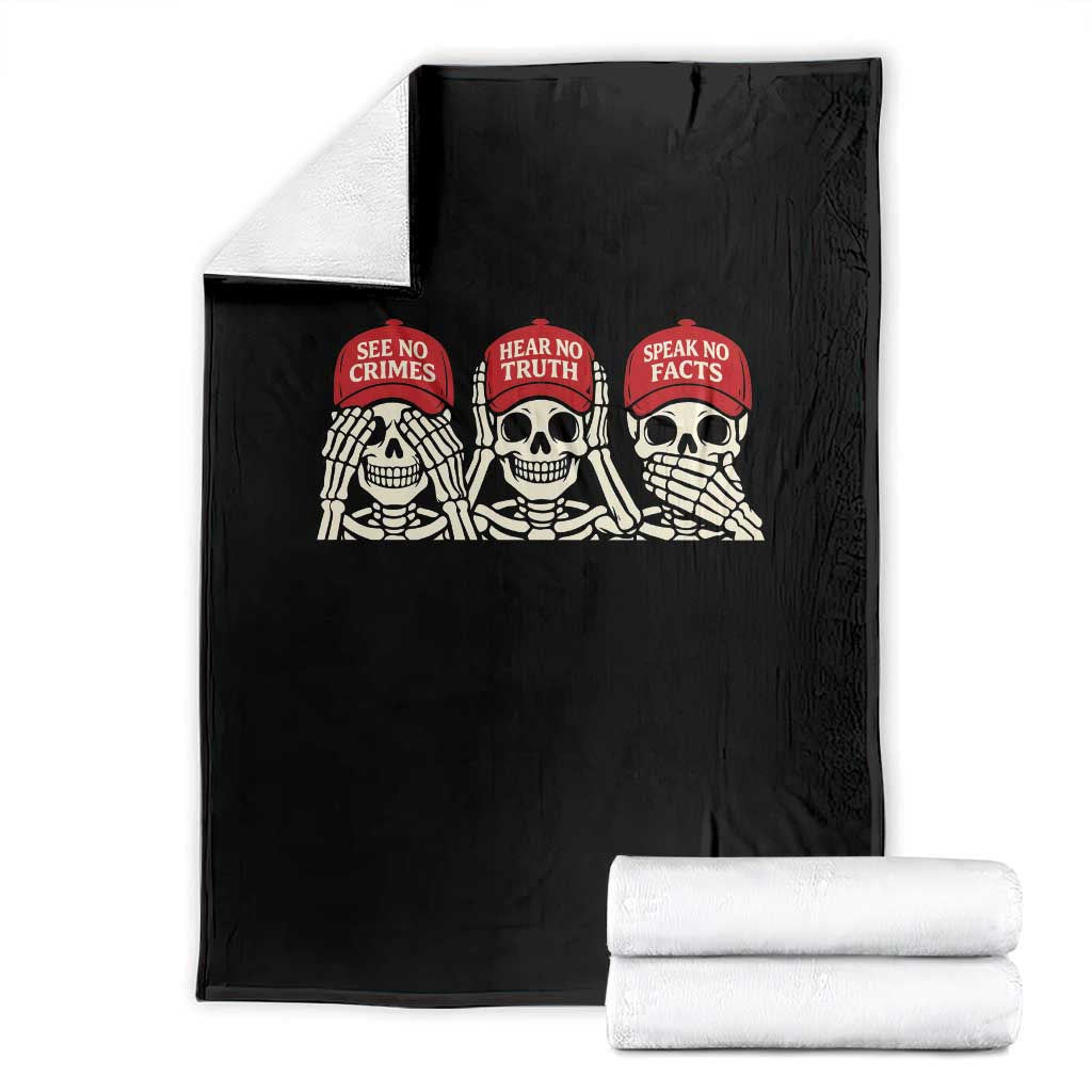 See No Crimes Hear No Truth Speak No Facts Skeletons Throw Blanket Political Satire Three Wise Monkeys Graphic TS02 Black Print Your Wear