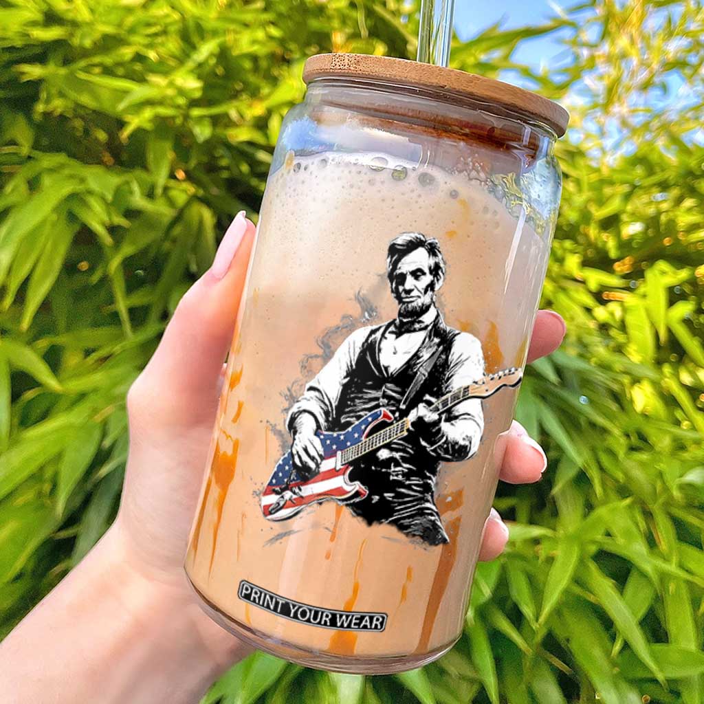 Rockin Abe Abraham Lincoln Playing Electric Guitar Glass Can Patriotic Music Rocker Mashup 4th of July Celebration TS02 Black Print Your Wear