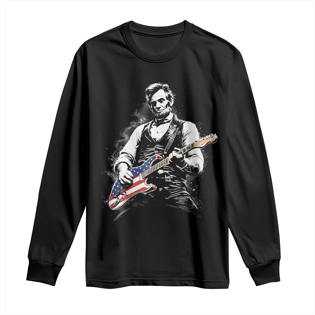 Rockin Abe Abraham Lincoln Playing Electric Guitar Long Sleeve Shirt Patriotic Music Rocker Mashup 4th of July Celebration TS02 Black Print Your Wear