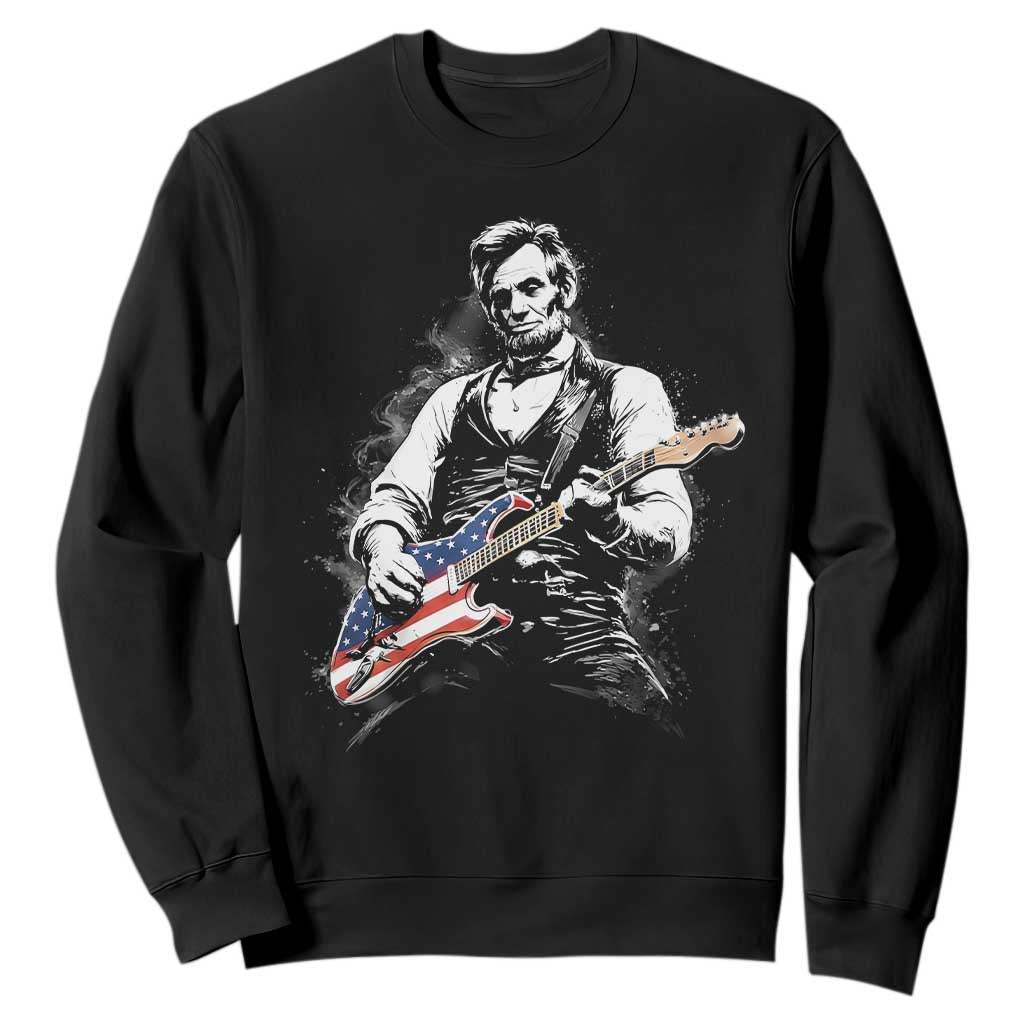 Rockin Abe Abraham Lincoln Playing Electric Guitar Sweatshirt Patriotic Music Rocker Mashup 4th of July Celebration TS02 Black Print Your Wear