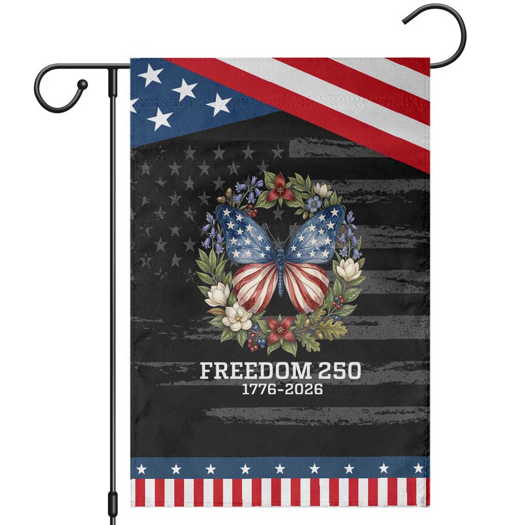 Freedom 250 Years American Flag Butterfly Garden Flag Floral Wreath Patriotic 1776-2026 Semiquincentennial Celebration TS02 Distressed Black Blue Print Your Wear