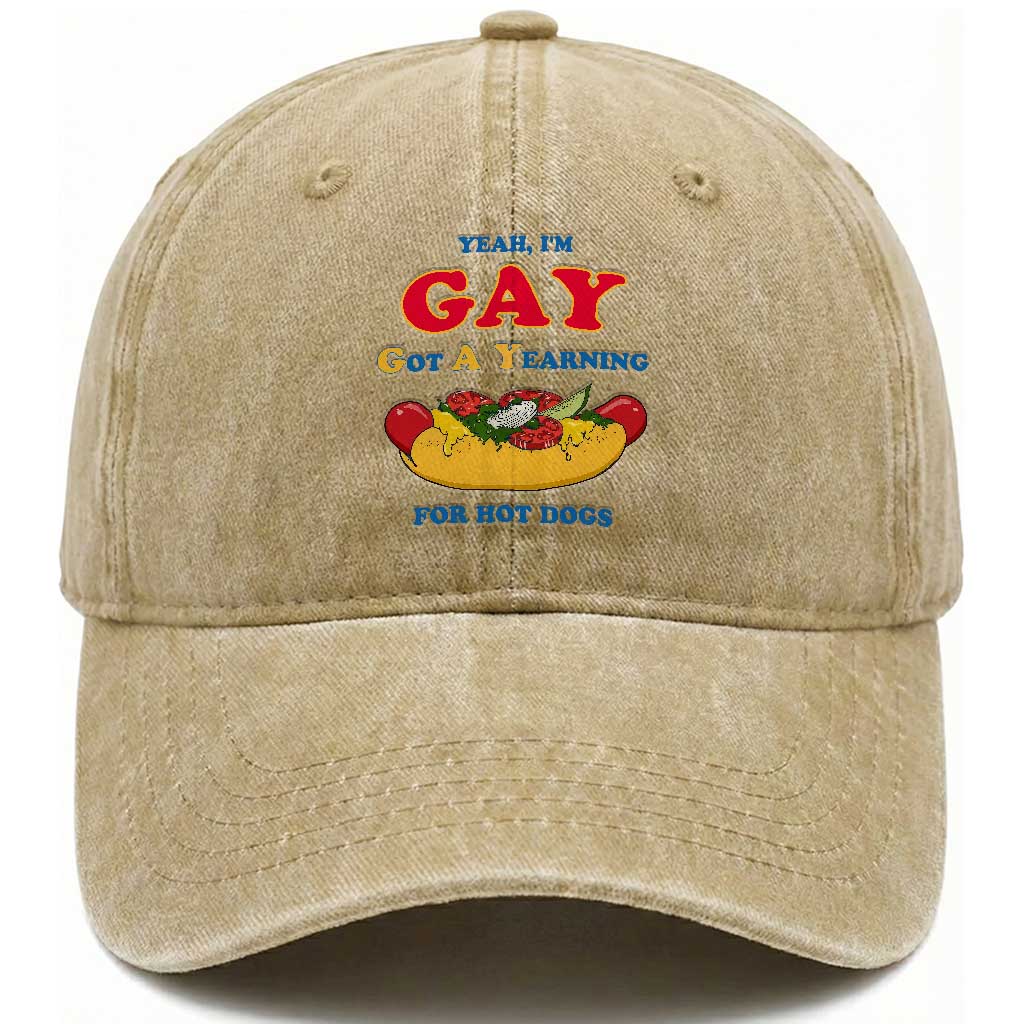 Yeah I’m GAY Got A Yearning For Hot Dogs Washed Cotton Baseball Cap Funny Foodie Humor Retro Graphic TS02 Print Your Wear