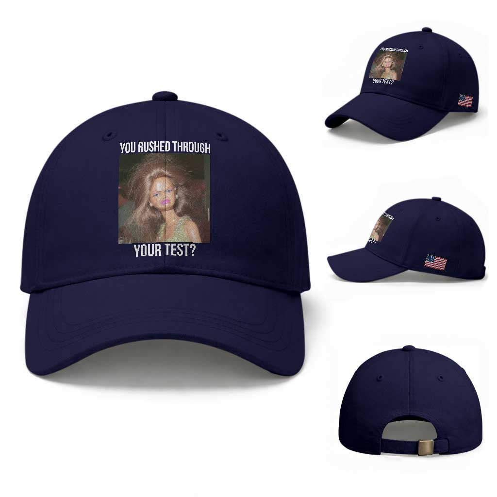 Funny Disheveled Doll Meme Testing Day Baseball Cap You Rushed Through Your Test Teacher Reaction Humor TS02 Baseball Cap Universal Fit Dark Blue Print Your Wear