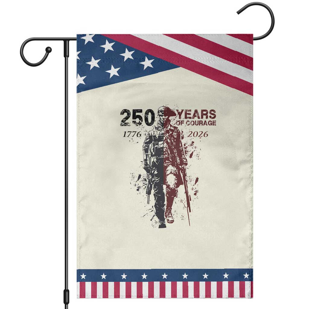 250 Years of Courage Commemorative Soldier Patriotic Garden Flag American Revolution to Modern Military 1776 to 2026 Semiquincentennial TS02 Modern Beige Blue Print Your Wear