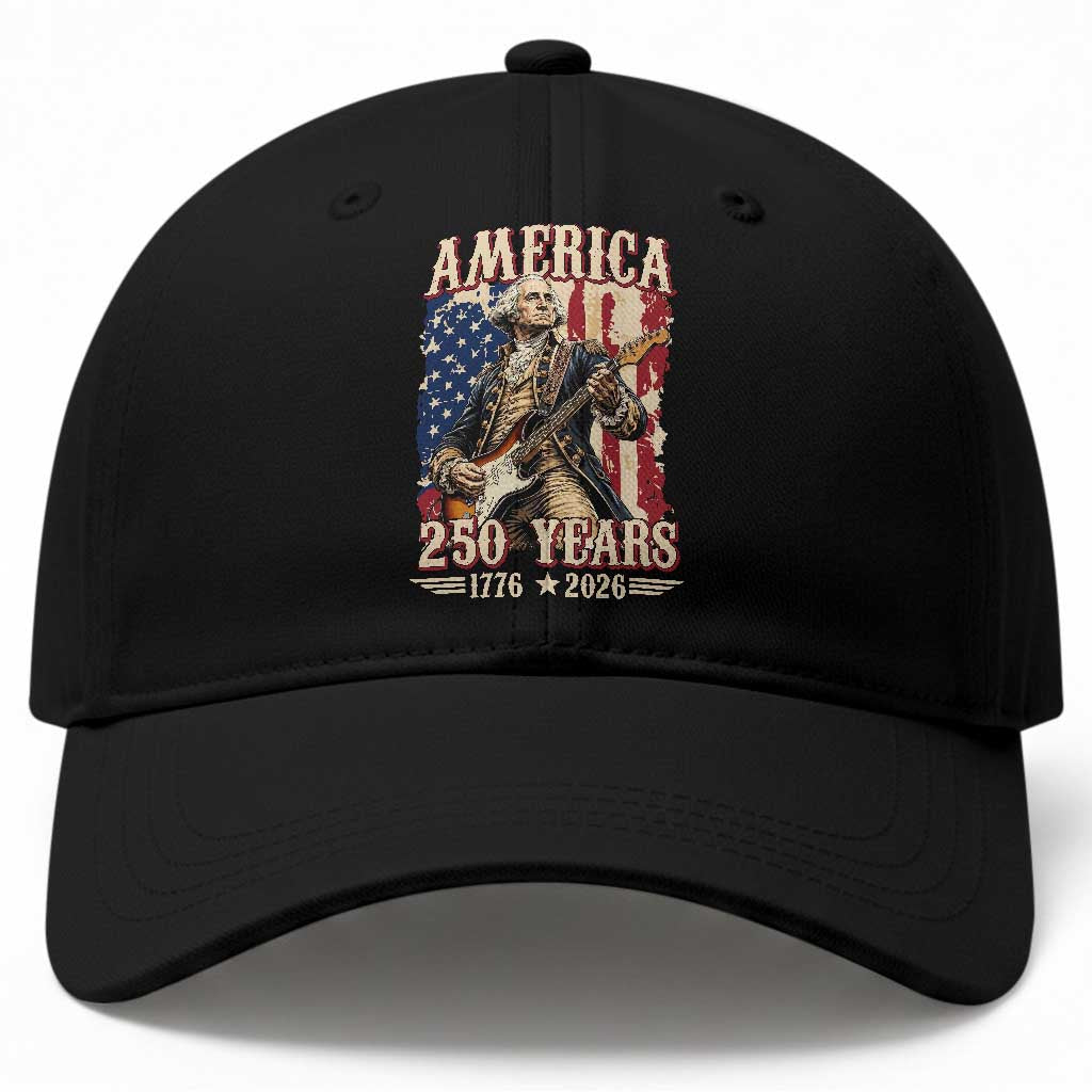 America 250 Years George Washington Rock Star Baseball Cap Funny Electric Guitar Player Vintage American Flag 1776 to 2026 Semiquincentennial TS02 Print Your Wear