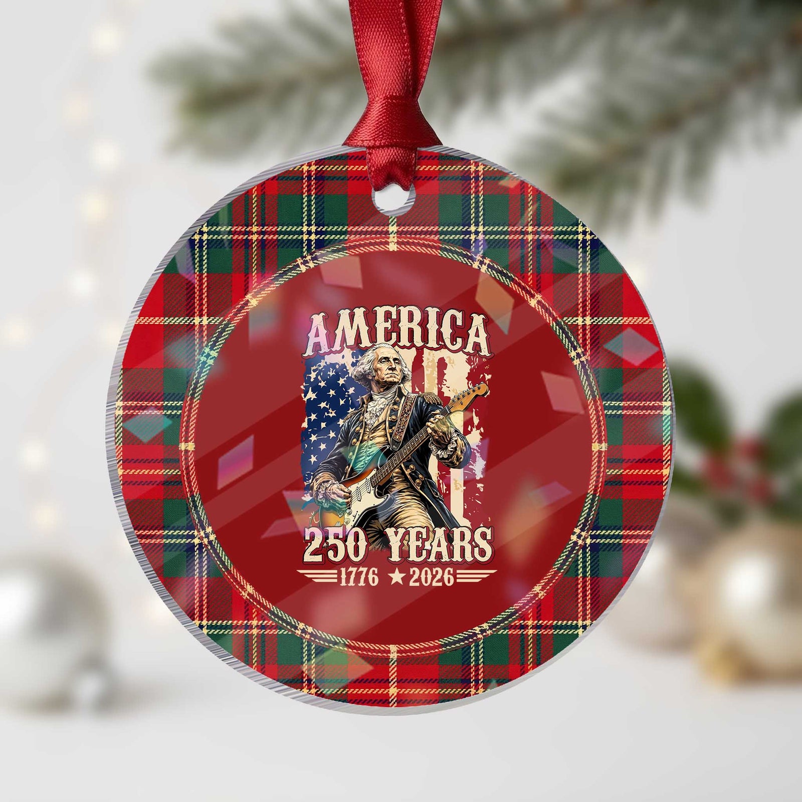 America 250 Years George Washington Rock Star Holographic Acrylic Ornament Funny Electric Guitar Player Vintage American Flag 1776 to 2026 Semiquincentennial