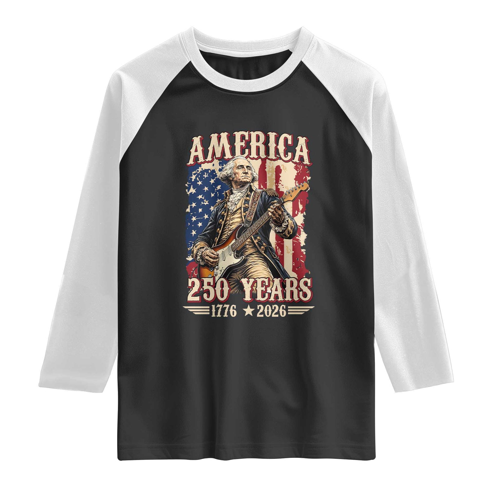 America 250 Years George Washington Rock Star Raglan Shirt Funny Electric Guitar Player Vintage American Flag 1776 to 2026 Semiquincentennial TS02 Black White Print Your Wear