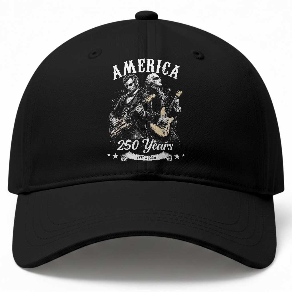 America 250 Years Abraham Lincoln and George Washington Rock Concert Baseball Cap Presidents Jamming Electric Guitars 1776 to 2026 Semiquincentennial TS02 Print Your Wear