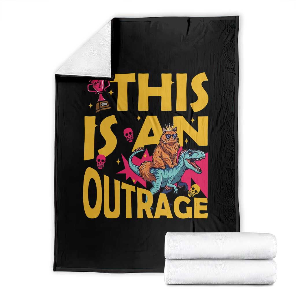 This Is An Outrage Sassy Cat Riding Raptor Dinosaur Throw Blanket Retro Pop Art Graphic TS02 Black Print Your Wear