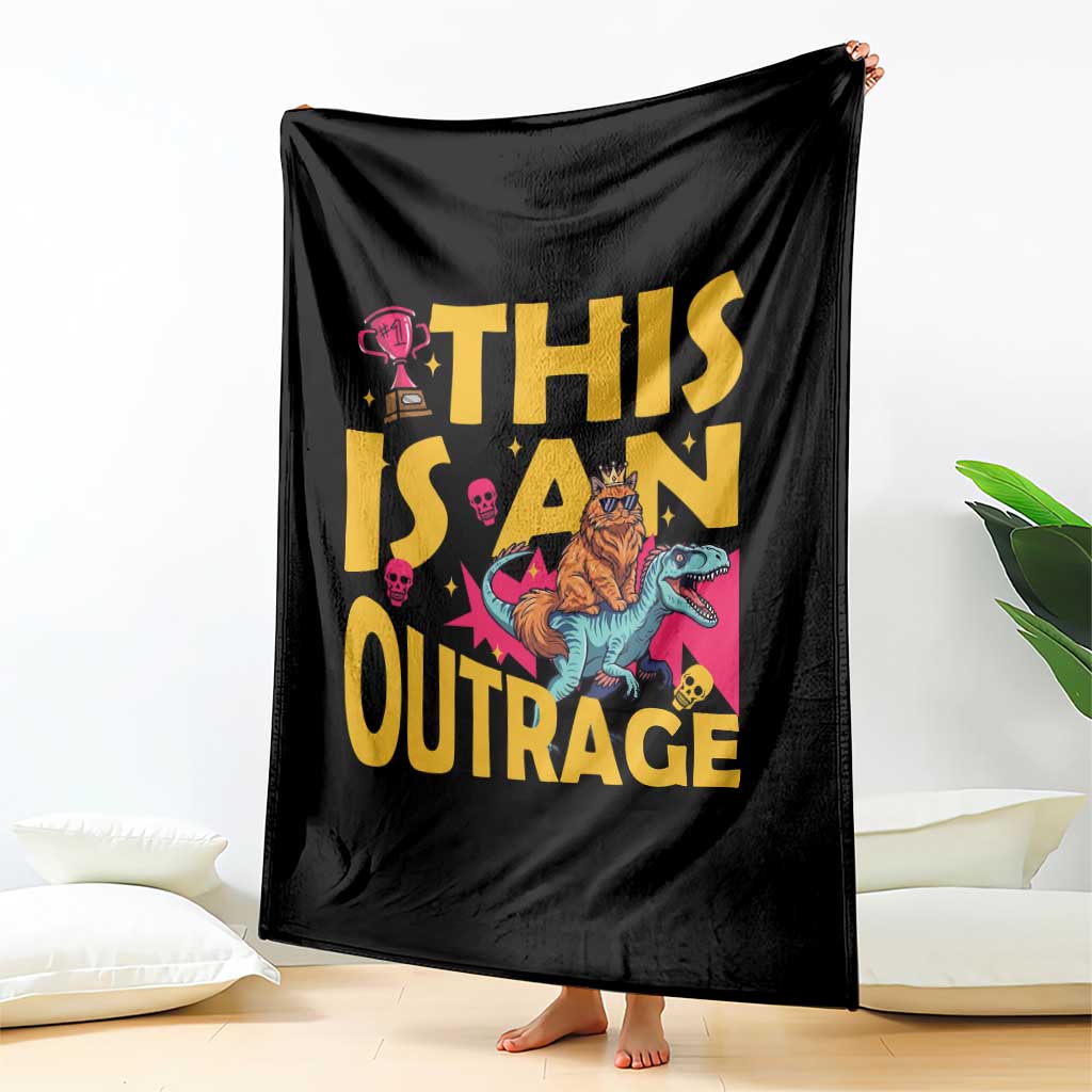 This Is An Outrage Sassy Cat Riding Raptor Dinosaur Throw Blanket Retro Pop Art Graphic TS02 Print Your Wear