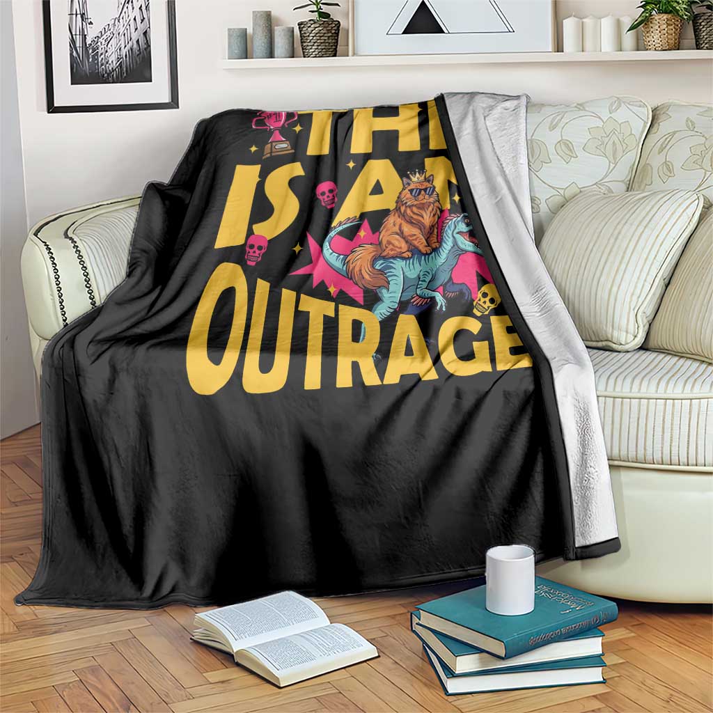 This Is An Outrage Sassy Cat Riding Raptor Dinosaur Throw Blanket Retro Pop Art Graphic TS02 Print Your Wear