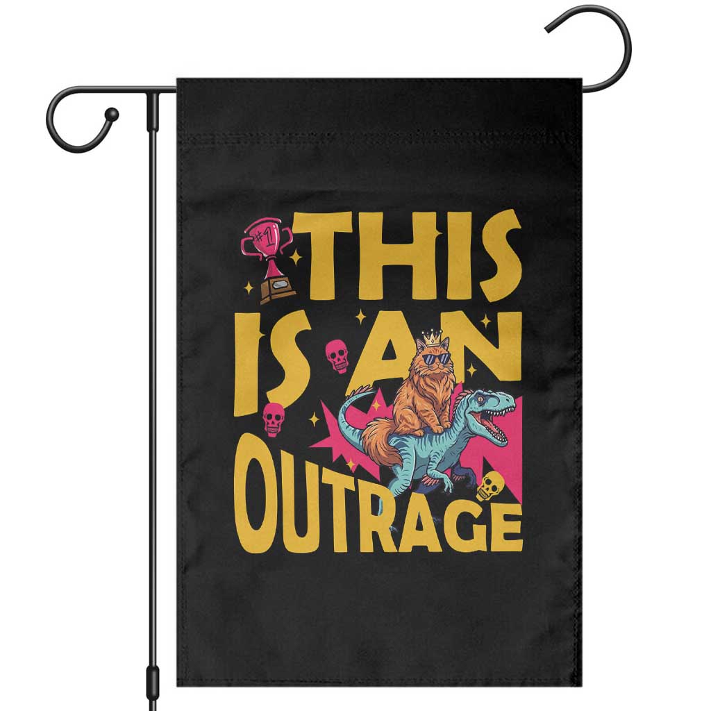 This Is An Outrage Sassy Cat Riding Raptor Dinosaur Garden Flag Retro Pop Art Graphic TS02 Black Print Your Wear