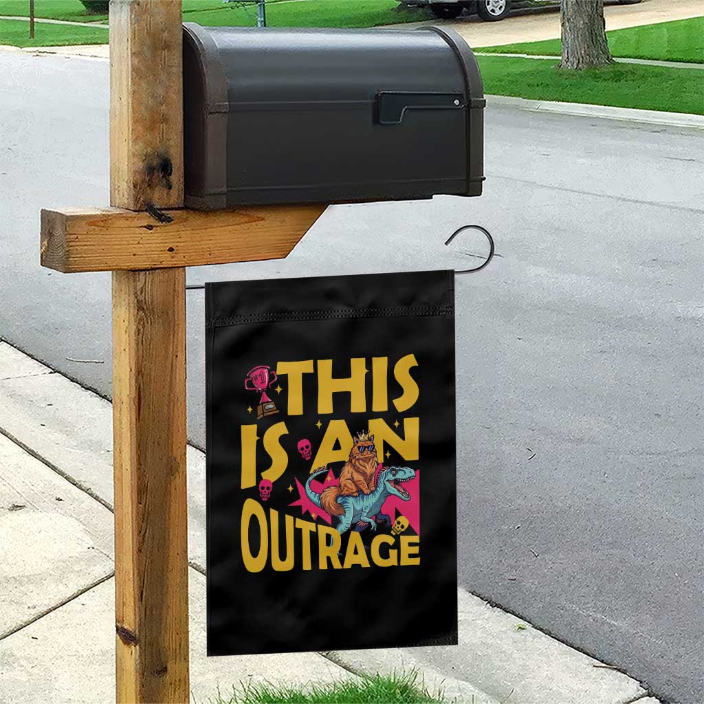 This Is An Outrage Sassy Cat Riding Raptor Dinosaur Garden Flag Retro Pop Art Graphic TS02 Print Your Wear