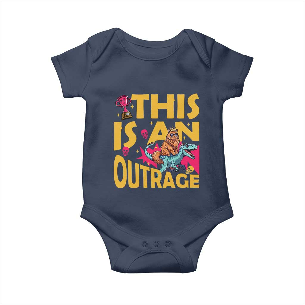 This Is An Outrage Sassy Cat Riding Raptor Dinosaur Baby Onesie Retro Pop Art Graphic TS02 Navy Print Your Wear