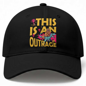 This Is An Outrage Sassy Cat Riding Raptor Dinosaur Baseball Cap Retro Pop Art Graphic TS02 Print Your Wear