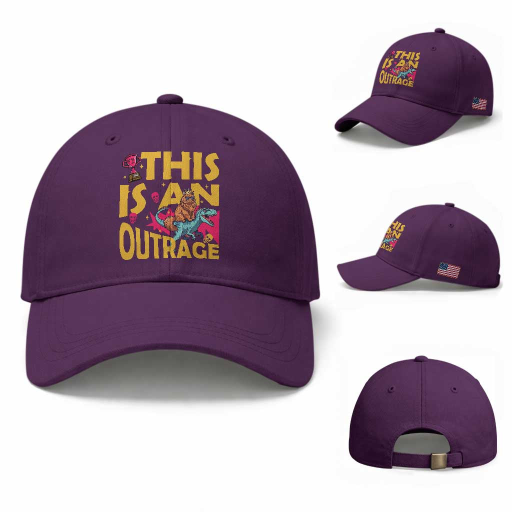 This Is An Outrage Sassy Cat Riding Raptor Dinosaur Baseball Cap Retro Pop Art Graphic TS02 Baseball Cap Universal Fit Purple Print Your Wear