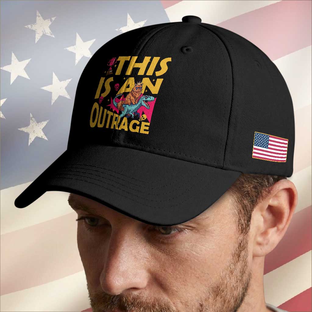This Is An Outrage Sassy Cat Riding Raptor Dinosaur Baseball Cap Retro Pop Art Graphic TS02 Print Your Wear