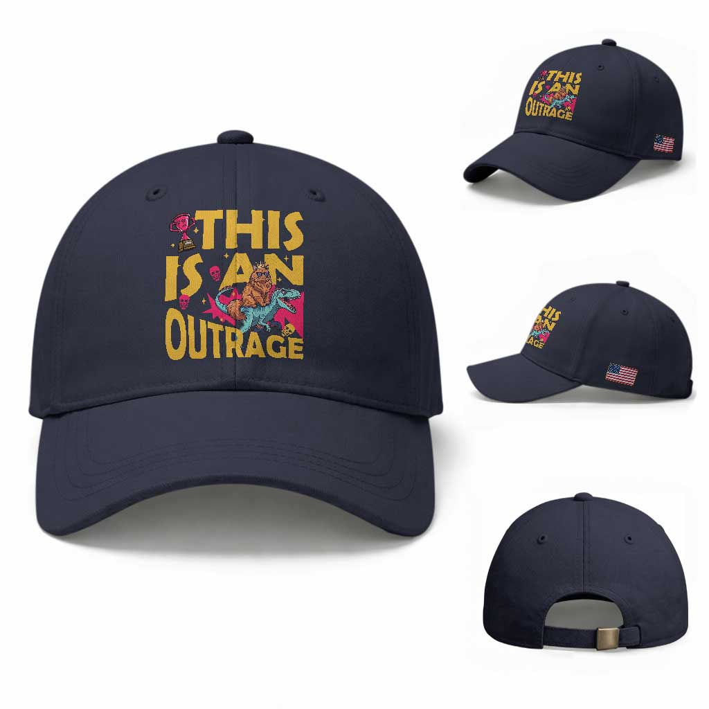 This Is An Outrage Sassy Cat Riding Raptor Dinosaur Baseball Cap Retro Pop Art Graphic TS02 Baseball Cap Universal Fit Navy Print Your Wear
