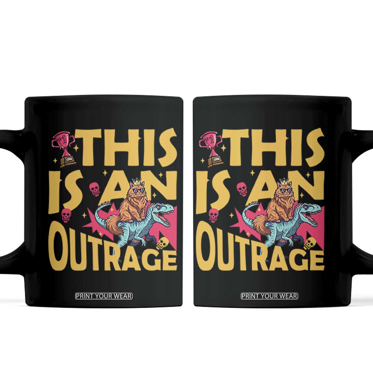 This Is An Outrage Sassy Cat Riding Raptor Dinosaur Coffee Mug Retro Pop Art Graphic TS02 Black Print Your Wear