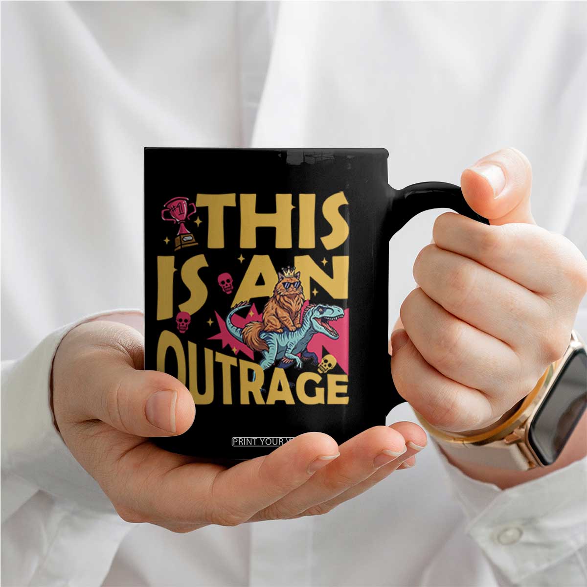 This Is An Outrage Sassy Cat Riding Raptor Dinosaur Coffee Mug Retro Pop Art Graphic TS02 Print Your Wear