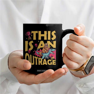 This Is An Outrage Sassy Cat Riding Raptor Dinosaur Coffee Mug Retro Pop Art Graphic TS02 Print Your Wear