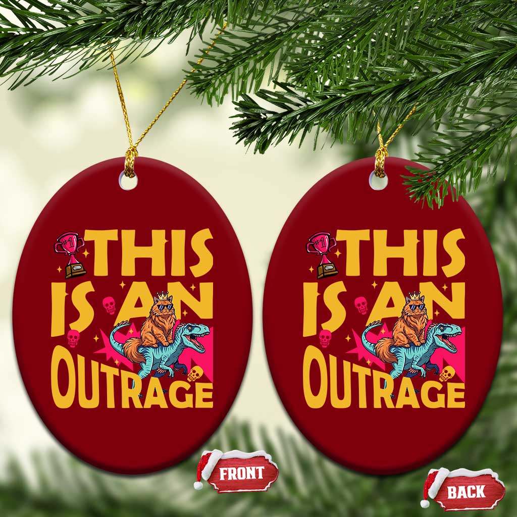 This Is An Outrage Sassy Cat Riding Raptor Dinosaur Ceramic Ornament Retro Pop Art Graphic TS02 Print Your Wear