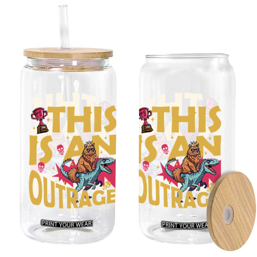This Is An Outrage Sassy Cat Riding Raptor Dinosaur Glass Can Retro Pop Art Graphic TS02 Print Your Wear