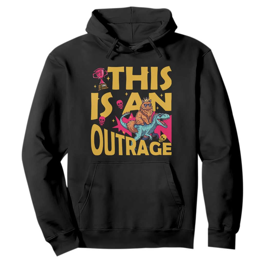 This Is An Outrage Sassy Cat Riding Raptor Dinosaur Hoodie Retro Pop Art Graphic TS02 Black Print Your Wear