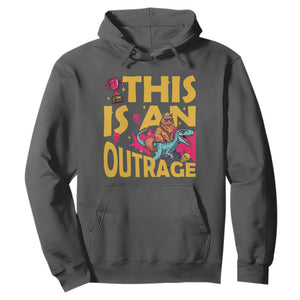 This Is An Outrage Sassy Cat Riding Raptor Dinosaur Hoodie Retro Pop Art Graphic TS02 Dark Heather Print Your Wear