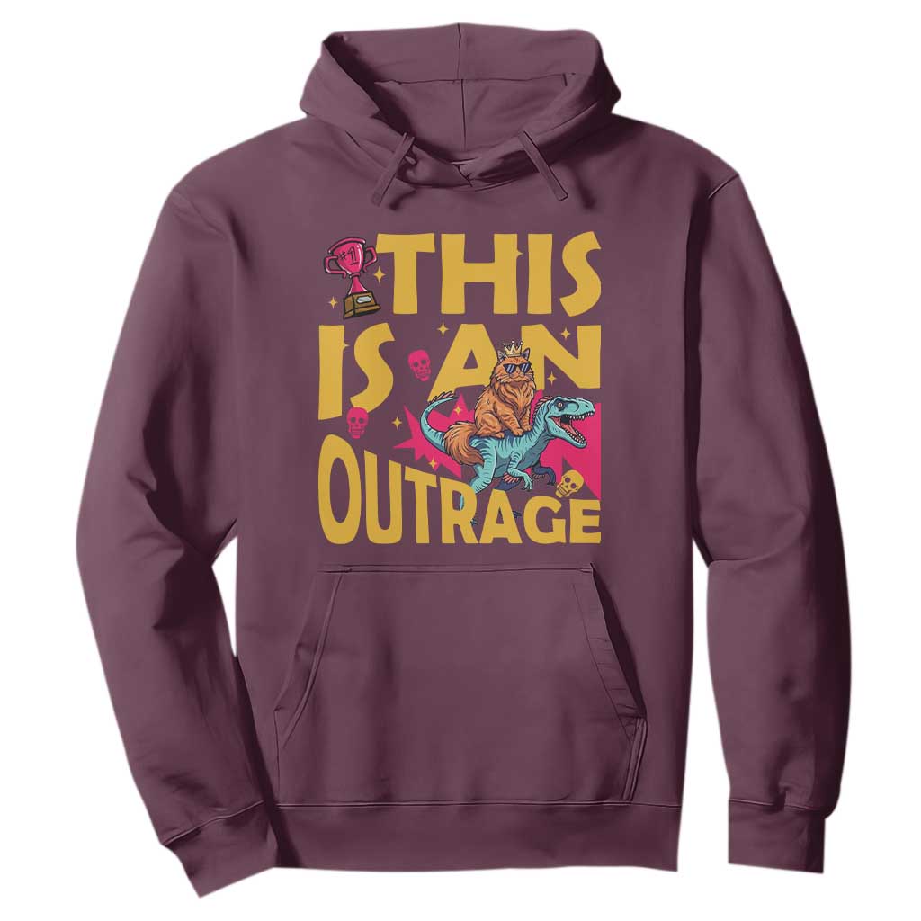 This Is An Outrage Sassy Cat Riding Raptor Dinosaur Hoodie Retro Pop Art Graphic TS02 Maroon Print Your Wear