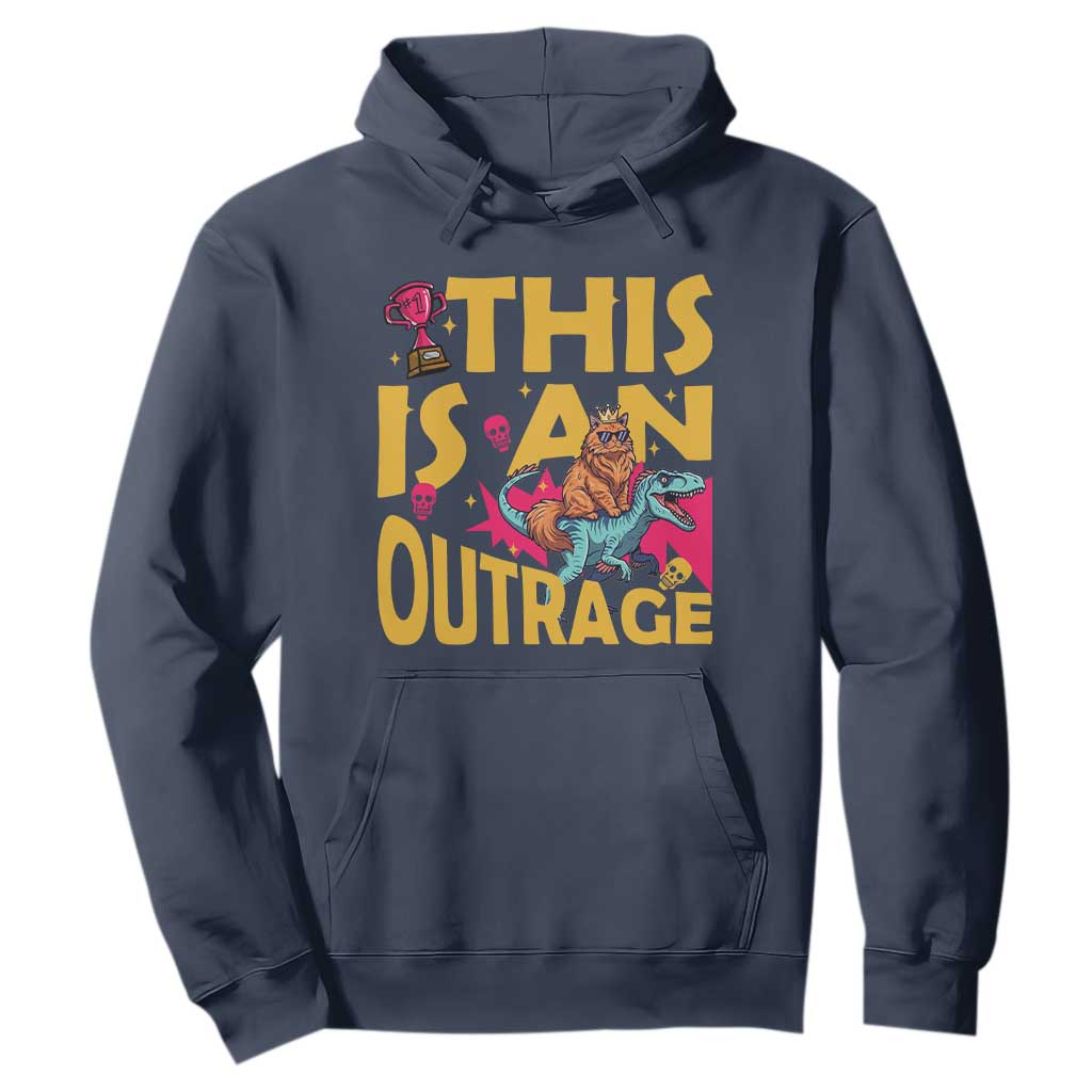 This Is An Outrage Sassy Cat Riding Raptor Dinosaur Hoodie Retro Pop Art Graphic TS02 Navy Print Your Wear
