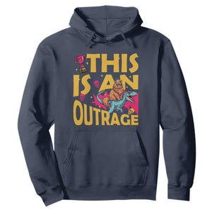 This Is An Outrage Sassy Cat Riding Raptor Dinosaur Hoodie Retro Pop Art Graphic TS02 Navy Print Your Wear