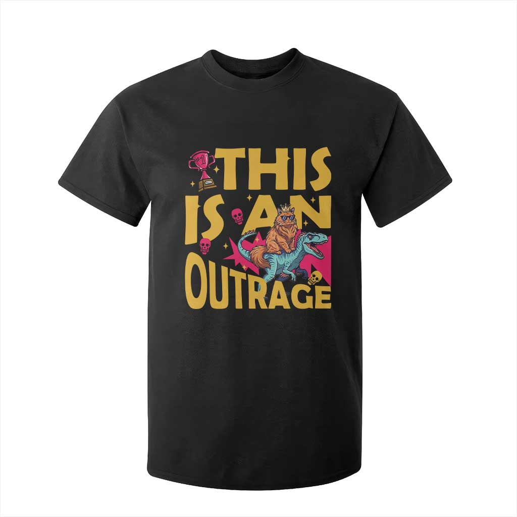 This Is An Outrage Sassy Cat Riding Raptor Dinosaur T Shirt For Kid Retro Pop Art Graphic TS02 Black Print Your Wear