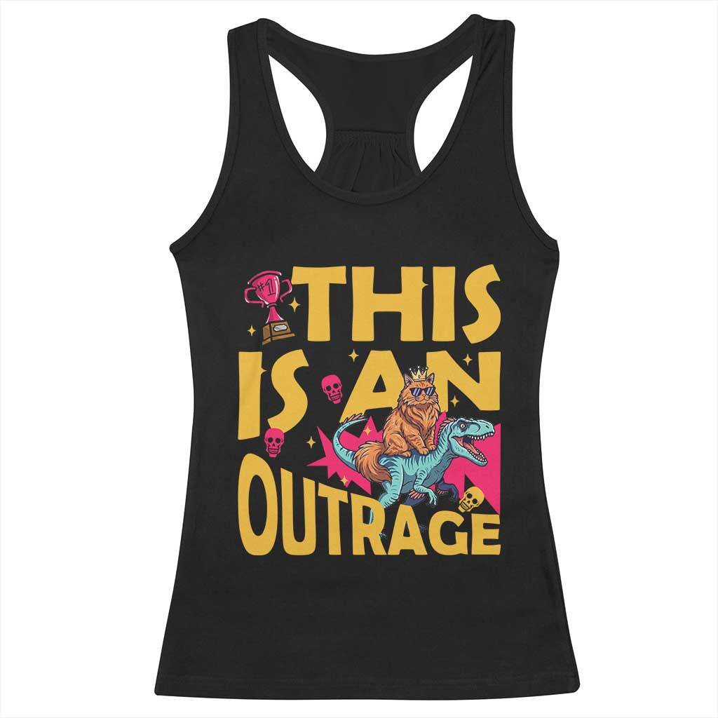 This Is An Outrage Sassy Cat Riding Raptor Dinosaur Racerback Tank Top Retro Pop Art Graphic TS02 Black Print Your Wear