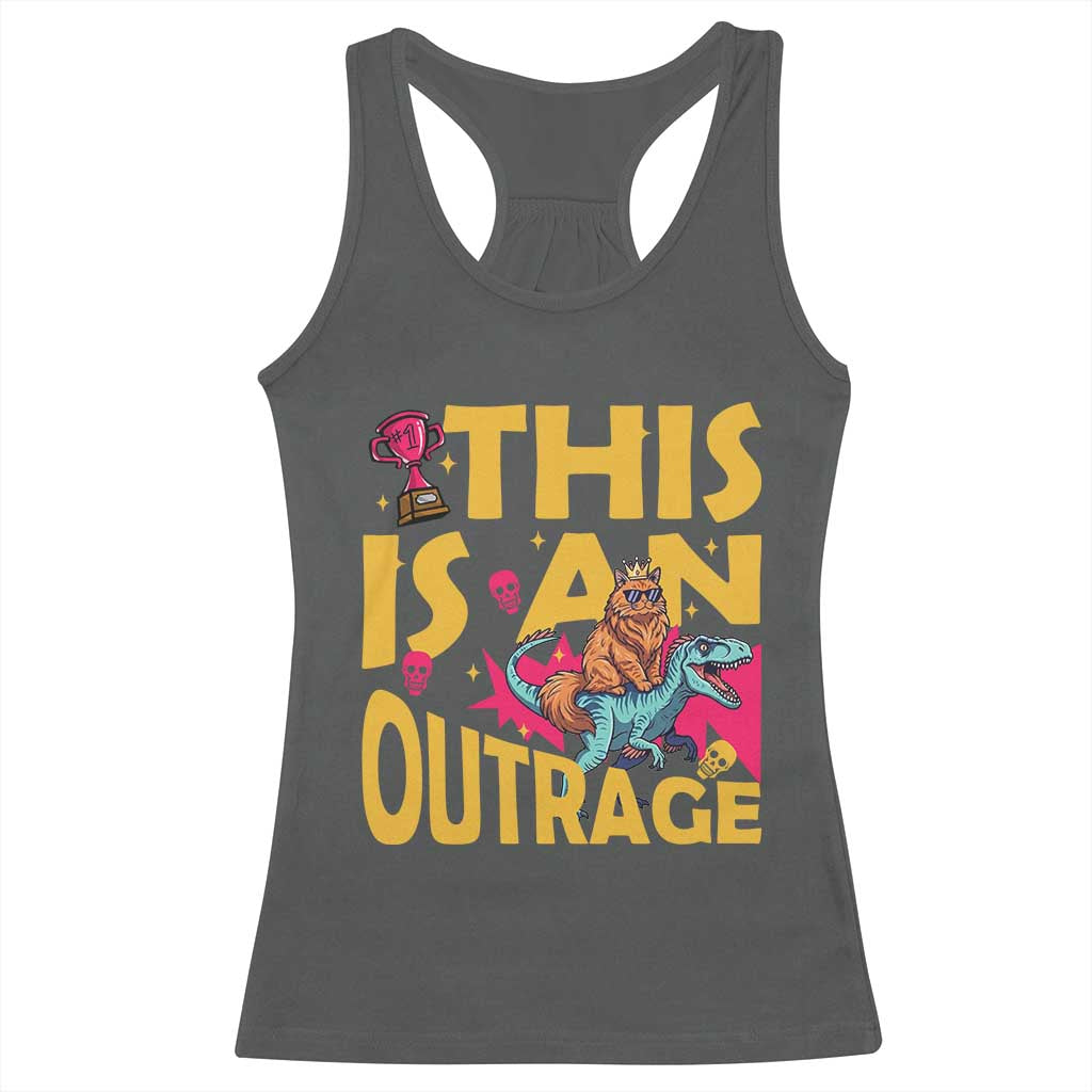 This Is An Outrage Sassy Cat Riding Raptor Dinosaur Racerback Tank Top Retro Pop Art Graphic TS02 Dark Heather Print Your Wear
