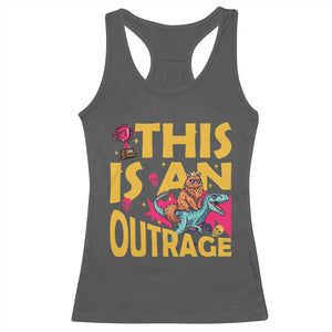 This Is An Outrage Sassy Cat Riding Raptor Dinosaur Racerback Tank Top Retro Pop Art Graphic TS02 Dark Heather Print Your Wear
