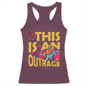 This Is An Outrage Sassy Cat Riding Raptor Dinosaur Racerback Tank Top Retro Pop Art Graphic TS02 Maroon Print Your Wear