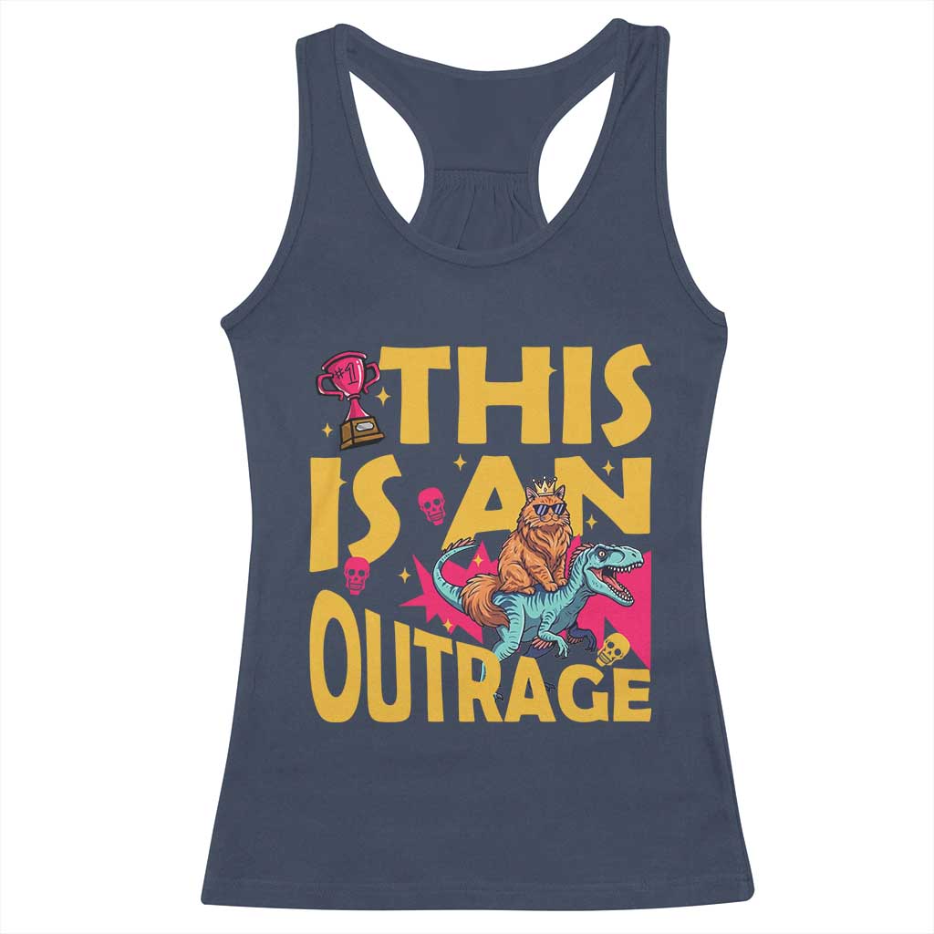 This Is An Outrage Sassy Cat Riding Raptor Dinosaur Racerback Tank Top Retro Pop Art Graphic TS02 Navy Print Your Wear