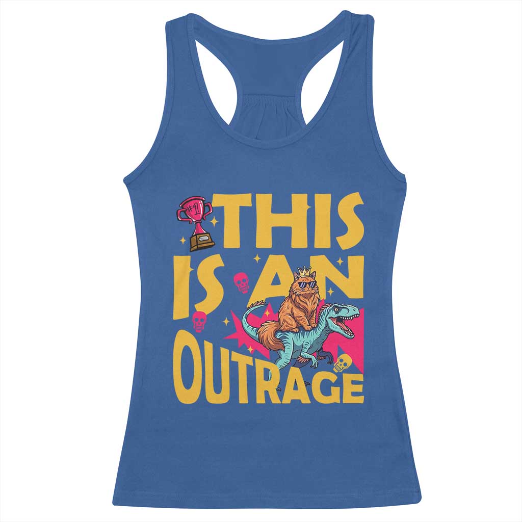 This Is An Outrage Sassy Cat Riding Raptor Dinosaur Racerback Tank Top Retro Pop Art Graphic TS02 Royal Blue Print Your Wear