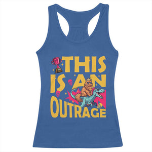 This Is An Outrage Sassy Cat Riding Raptor Dinosaur Racerback Tank Top Retro Pop Art Graphic TS02 Royal Blue Print Your Wear