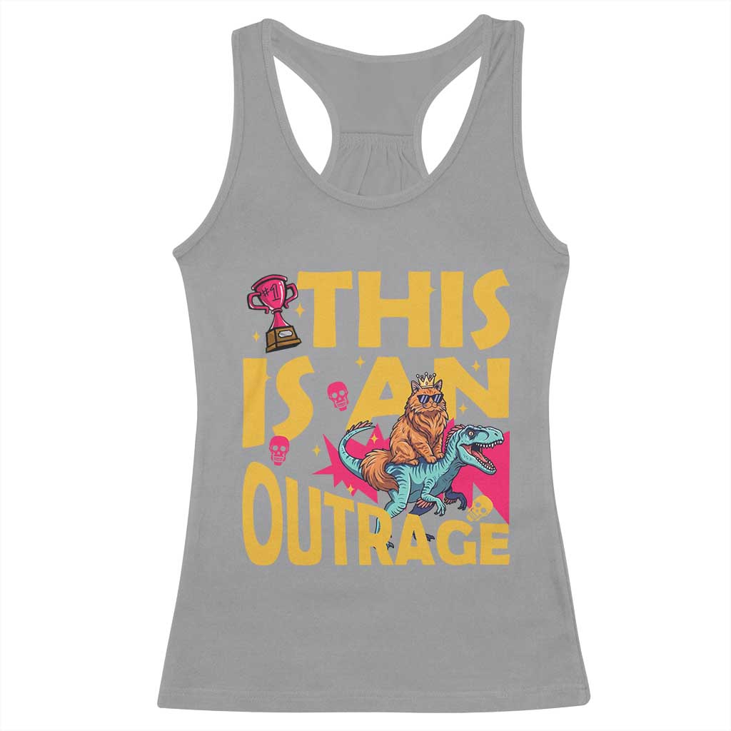 This Is An Outrage Sassy Cat Riding Raptor Dinosaur Racerback Tank Top Retro Pop Art Graphic TS02 Sport Gray Print Your Wear