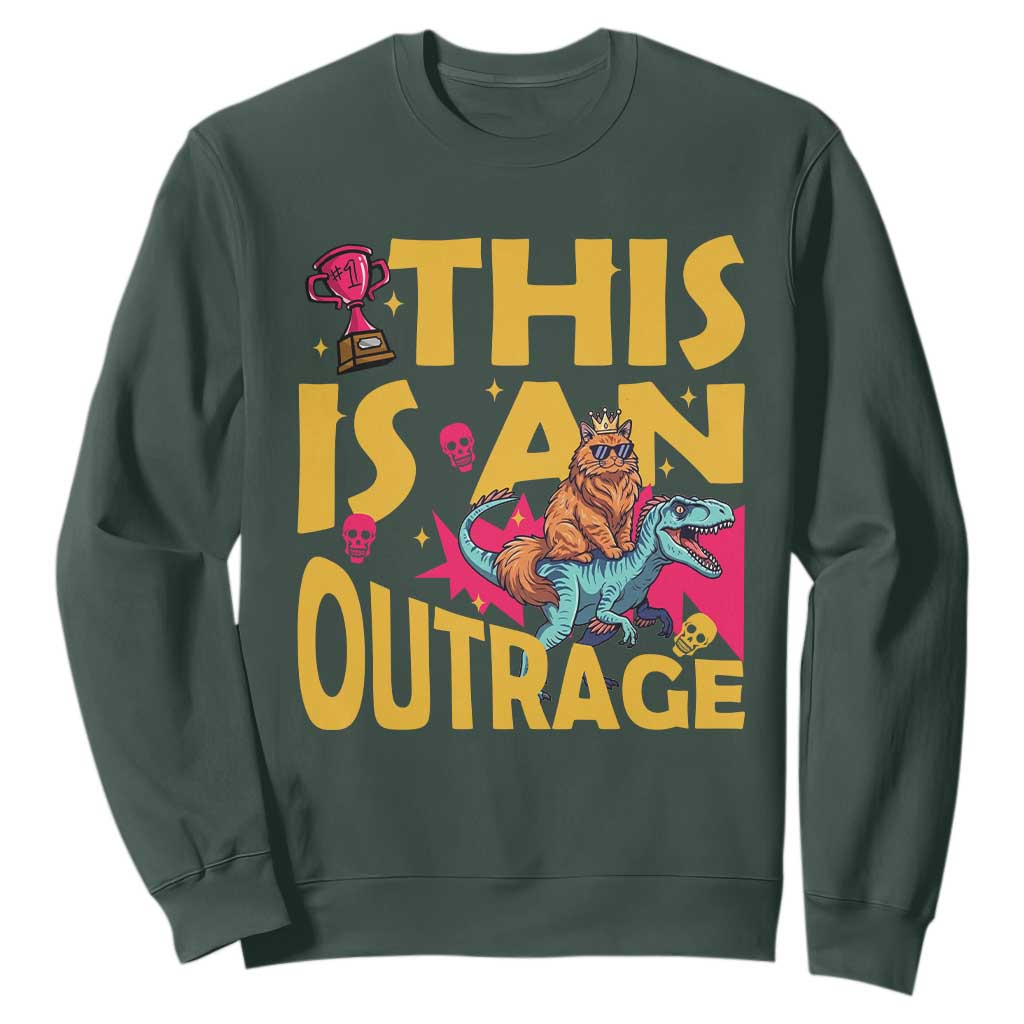 This Is An Outrage Sassy Cat Riding Raptor Dinosaur Sweatshirt Retro Pop Art Graphic TS02 Dark Forest Green Print Your Wear